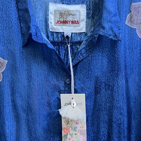 Johnny Was Sascha Silk Shirt Dress Tiered Sz S Long Slv Blue Paisley Spray - Picture 5 of 9